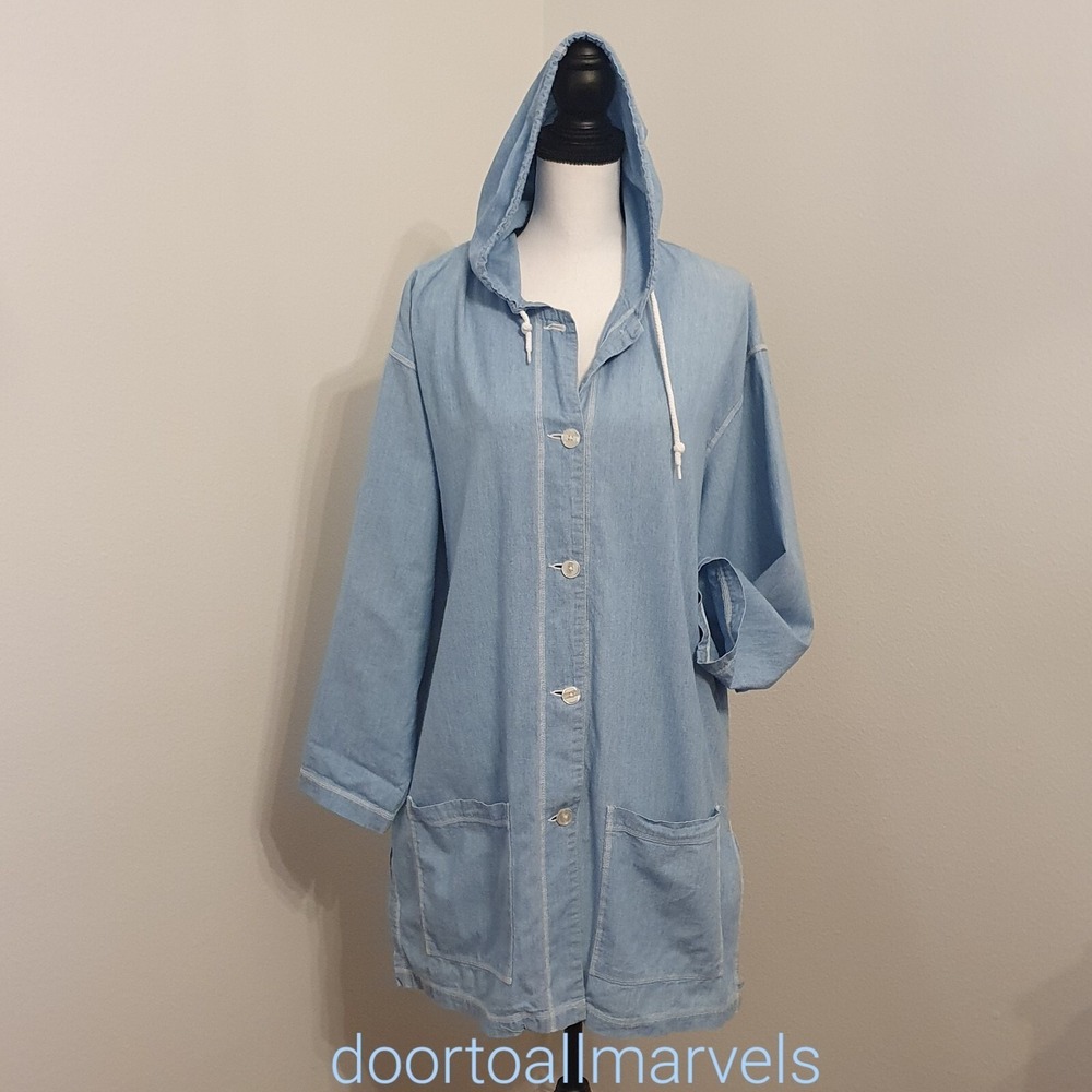 VTG 90s Eddie Bauer Chambray Hooded Duster Cotton Oversized Chore Coastal Med